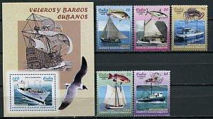 Куба, Рыбы, Корабли, 2005, 5 марок + блок